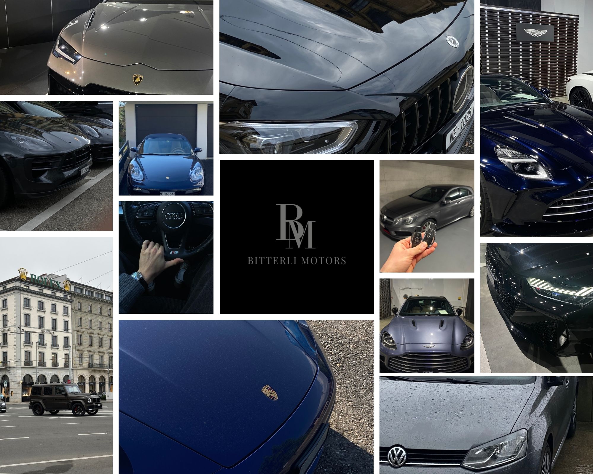 Collage Bitterli Motors: Lamborghini, Mercedes-AMG, Aston Martin, Porsche, Audi, Volkswagen und das Logo von Bitterli Motors
